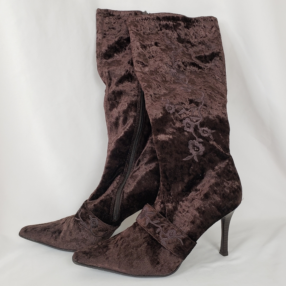 Brown velvet Roses Tall Boots